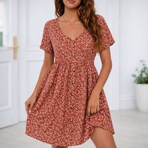 Floral Button Front Midi Dress Rust Orange Red Oversized Fit - XS - NWOT